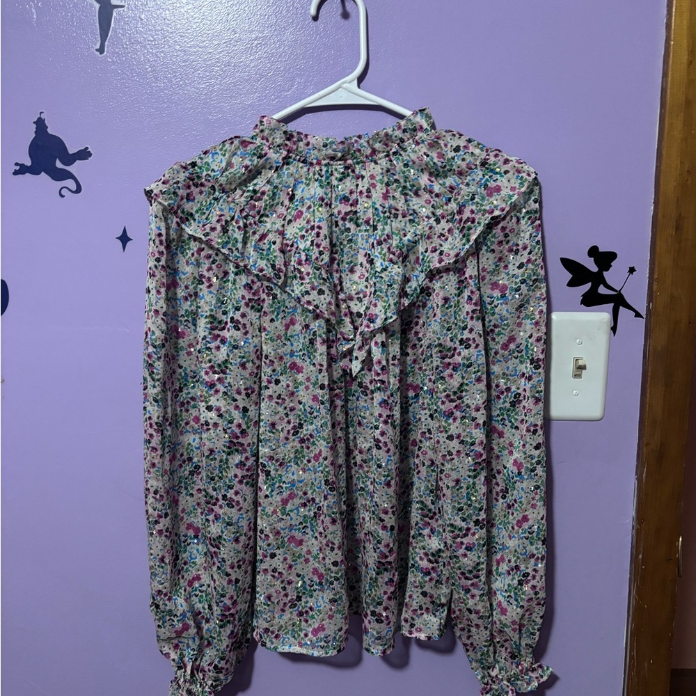 Sheer Floral Ruffle Neck Long Sleeve Top - Pink Multi